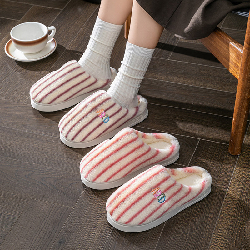 Ins Plush Striped Slippers Winter Warm Letter Embroidered Shoes Fashion Floor Bedroom Home Slipper For Women Men Couples